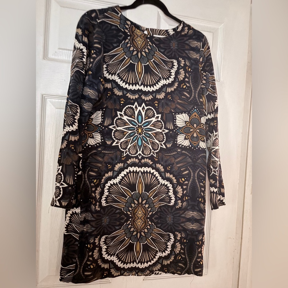 H&M Black and Brown Long Sleeve Art Deco Patterned Dress Size 8